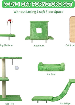 Cat Wall Shelves, 6 in 1 Cat Wall Furniture Set with Condos House, Bed, Bridge, Tree, Steps, Scratching Board, DIY Walls Playground for Indoor (Green)