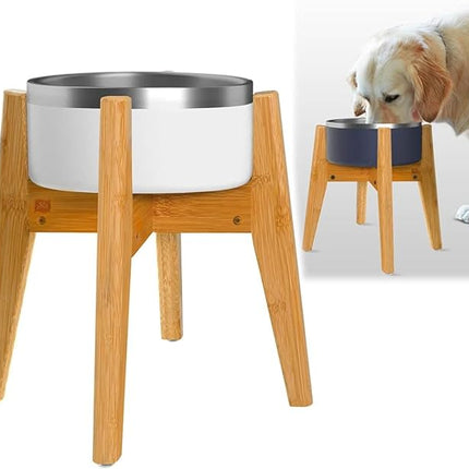 Dog Bowl Stand (14-inch High) - Ideal for Large Breeds, Use to Elevate, Raise Pet Dishes, Water Fountains and Slow Feeders - Adjustable Sideways, Bamboo - (Bowls not Included)