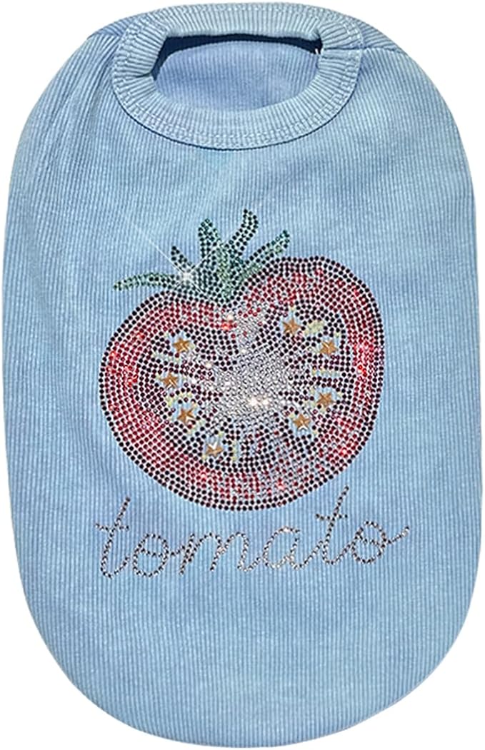 Washed Cotton Pet Vest with Rhinestone Fruit Designs, Soft & Stylish Small Dog Cat Vest for Spring Summer, Breathable & Shiny (Blue-Tomato, Small)