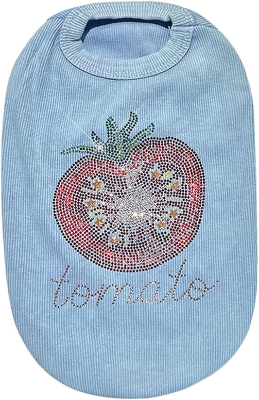Washed Cotton Pet Vest with Rhinestone Fruit Designs, Soft & Stylish Small Dog Cat Vest for Spring Summer, Breathable & Shiny (Blue-Tomato, Medium)