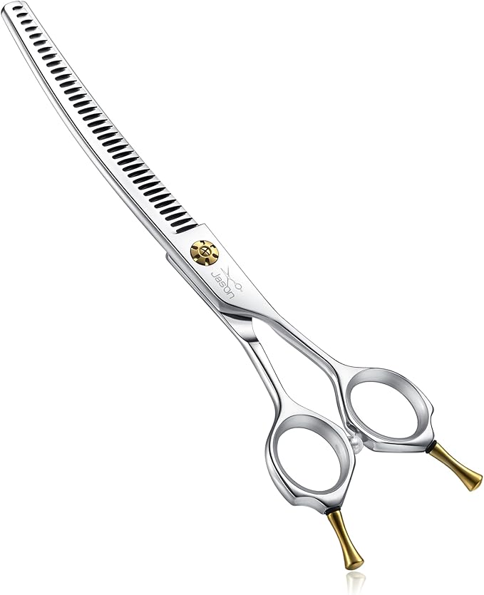 JASON Dog Shears for Grooming - 7" Up-curved Thinning Scissors with 55%-60% Thinning Rate, Japanese 440C Stainless Steel Dog Grooming Blenders with Adjustable Screw (35 Teeth, Silver)