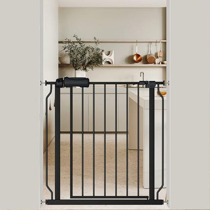 Black Baby Gate 29-34 Inch Wide Walk Through Pressure Mounted Safety Gate with Door No Drill Tension Metal Gate for Dog Cat and Toddler