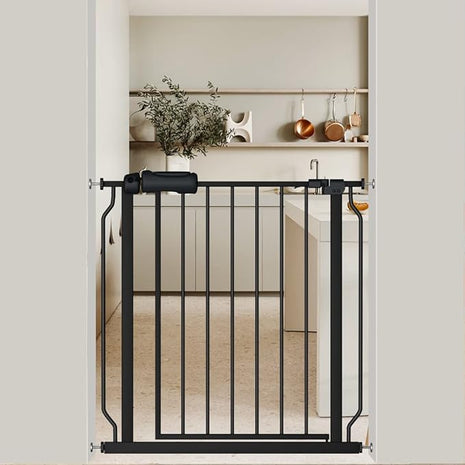 Black Baby Gate 29-34 Inch Wide Walk Through Pressure Mounted Safety Gate with Door No Drill Tension Metal Gate for Dog Cat and Toddler