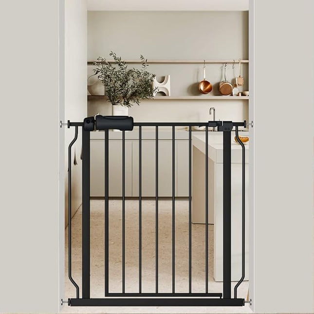 Black Baby Gate 29-34 Inch Wide Walk Through Pressure Mounted Safety Gate with Door No Drill Tension Metal Gate for Dog Cat and Toddler