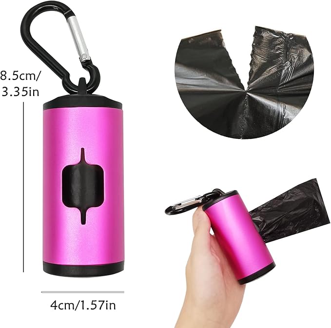Aluminum Dog Poop Bags Holder with Carabiner Metal Pet Waste Bags Dispenser with Hook and Loop Fastener and Elastic Cord to Carry Used Bags(Pink, 1 Holder 15 Bags)