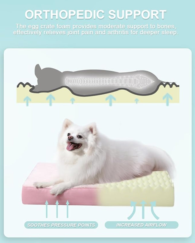 KSIIA Orthopedic Dog Bed Waterproof Dog beds for Medium Dogs Deluxe Plush Washable Pet Mat with Egg Crate Foam & Removable Cover, 29 x 18 Inch, Pink
