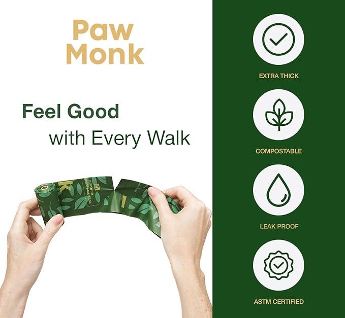 Paw Monk Certified Home Compostable Dog Poop Bags Rolls – Extra Thick, Strong & Leakproof, Easy Open – 120 Count Unscented Plant Based Pet Waste Bags