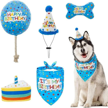 BINGPET Dog Birthday Bandana Set with Cake and Balloon,Dog Birthday Party Supplies for Boys and Girls,Puppy Chew Toys Gift for Large and Extra Large Dogs Pets - Blue