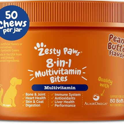 Zesty Paws Dog Multivitamin, Chewable Dog Vitamins and Supplements for Hip & Joints, Skin & Coat, Omega 3 Fish Oil for Dogs- Senior & Puppy Multivitamin- Peanut Butter- 50ct