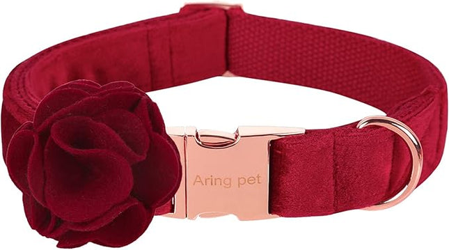 ARING PET Velvet Dog Collars, Christmas Red Soft Pet Collar with Detachable Felt Flower Metal Buckle for Puppy Small Medium Large Boy Girl Dogs-M