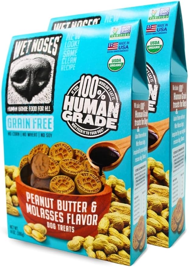 Grain-Free Organic Crunchy Dog Treats – for All Pet Sizes, Breeds – All-Natural Treat – 100% Human-Grade – Delicious Snacks for Dogs – Grain Free - Peanut Butter Molasses, 2 X 14oz Box
