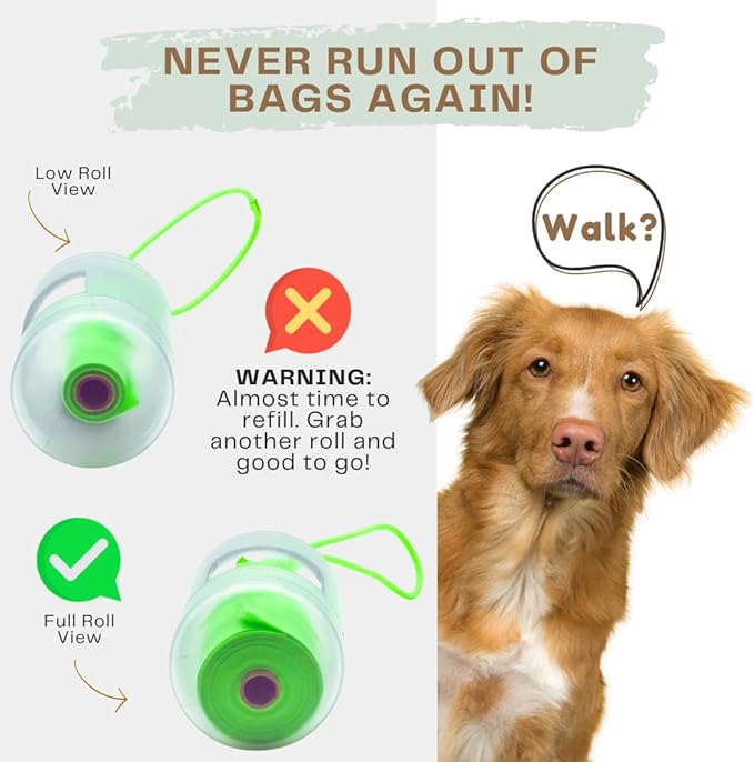 Woof & Barks CLEAR Dog Poop Bag Holder and Dispenser with Leash Attachment, Includes 1 Standard Roll of Green Poop Bags