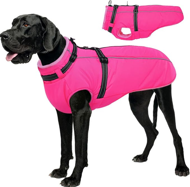 Lelepet Dog Winter Coat Waterproof Dog Jacket with Harness Built in Windproof Reflective Pet Coats for Small Medium Large Dogs, Thermal Fleece Lined Coats for Cold Weather Walking Hiking, Rose Red XXL