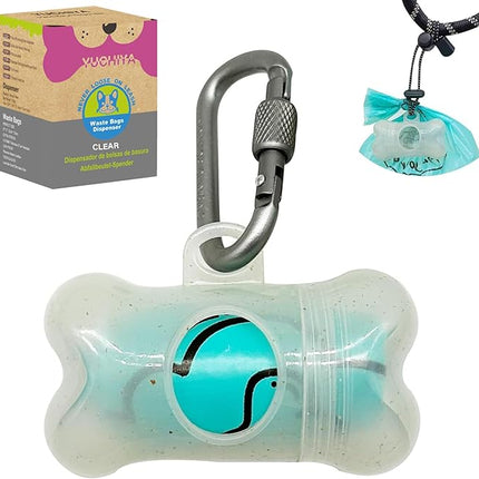 Dog Poop Pickup Bags Holder Dispenser with Scented Doggy Waste Bags and Carabiner with Safety Lock Plus Hook and Loop Fastener Never Loose on Leash Lead Again (1 Holder 15 Bags, Clear)
