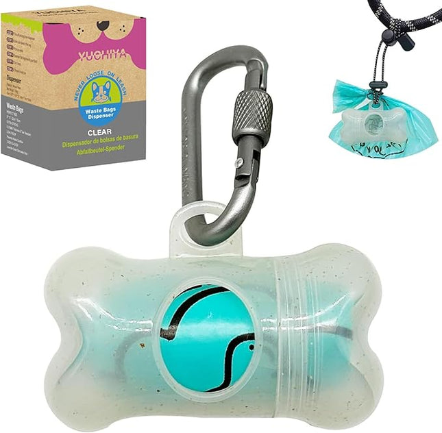 Dog Poop Pickup Bags Holder Dispenser with Scented Doggy Waste Bags and Carabiner with Safety Lock Plus Hook and Loop Fastener Never Loose on Leash Lead Again (1 Holder 15 Bags, Clear)