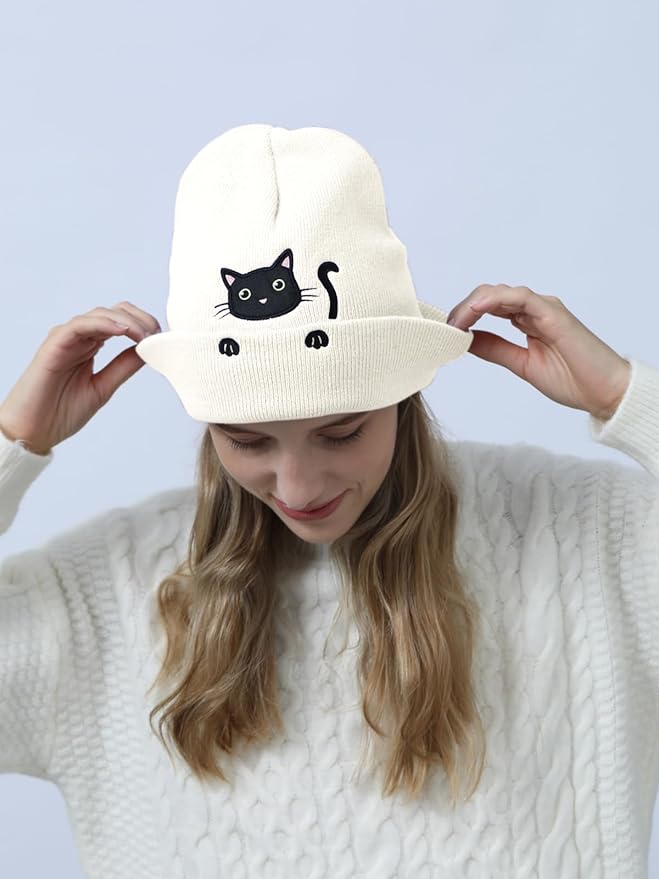 Women’s Cat Beanie Cute Cat Lover Gifts Animal Knitted Hats Christmas Stocking Stuffers for Women Girls