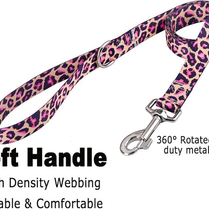 Dog Collar and Leash Set with Bohemia Floral Tribal Geometric Patterns - Soft Ethnic Style Collar Adjustable for Small Medium Large Dogs(Pink Leopard Set,M)
