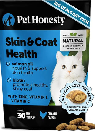 Cat Skin & Coat Health Crunchy & Creamy Chews - Omegas, Vitamin C + E, Biotin Supplement, Soothes Skin and Promotes Shiny Coat, Cat Supplements & Vitamins - Chicken (30-Day Supply)