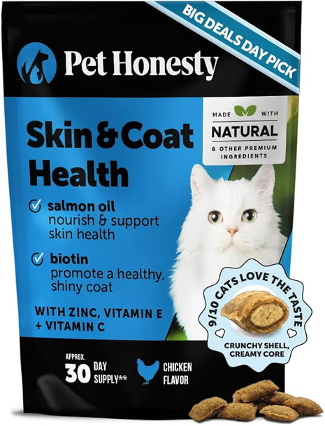 Cat Skin & Coat Health Crunchy & Creamy Chews - Omegas, Vitamin C + E, Biotin Supplement, Soothes Skin and Promotes Shiny Coat, Cat Supplements & Vitamins - Chicken (30-Day Supply)