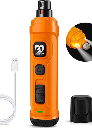 Casfuy Dog Nail Grinder with 2 LED Light - New Version 2-Speed Powerful Electric Pet Nail Trimmer Professional Quiet Painless Paws Grooming & Smoothing for Small Medium Large Dogs and Cats (Orange)