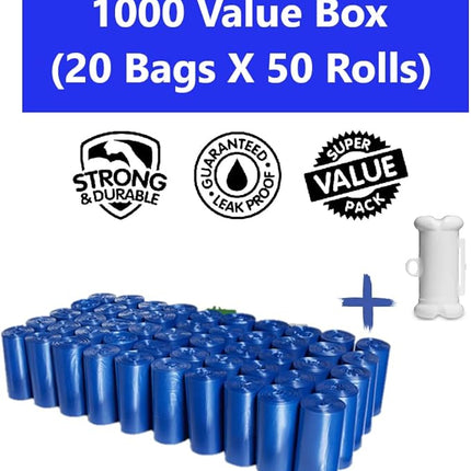 EZ Pick Up - 1000 Count Pet Dog Waste Bags, with Dispenser, Blue 9"x12", 50 Rolls, 1000 Poop Bags