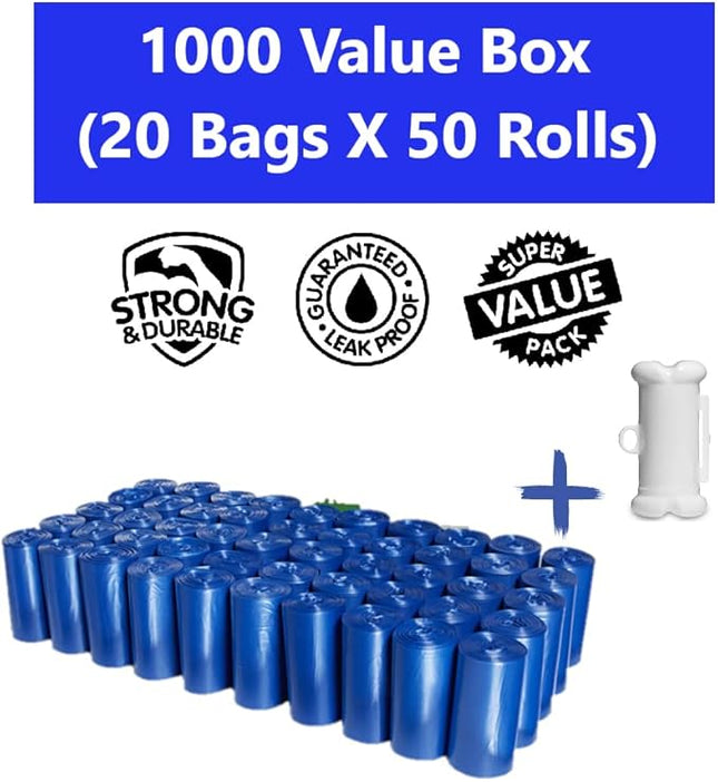 EZ Pick Up - 1000 Count Pet Dog Waste Bags, with Dispenser, Blue 9"x12", 50 Rolls, 1000 Poop Bags