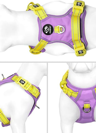 PHOEPET No Pull Dog Harness, Unique Colors Reflective Adjustable Dog Vest, with Soft Training Handle Metal Clips for Small Medium Large Dogs (Baby Purple Base & Yellow Straps,XL)