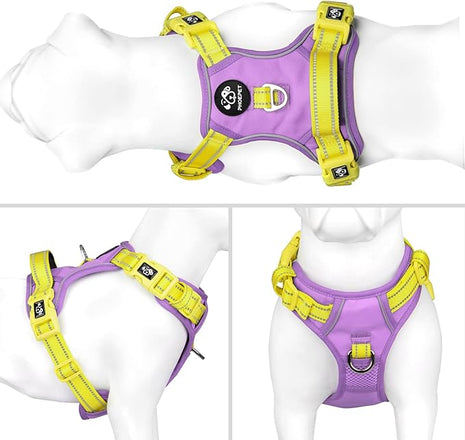 PHOEPET No Pull Dog Harness, Unique Colors Reflective Adjustable Dog Vest, with Soft Training Handle Metal Clips for Small Medium Large Dogs (Baby Purple Base & Yellow Straps,M)
