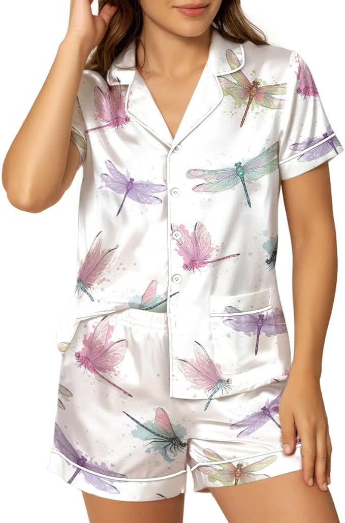 Women’s Silk Satin Pajama Set, Short Sleeve Button Down 2 Piece PJs with Shorts, Cozy Loungewear & Matching Holiday Pajamas