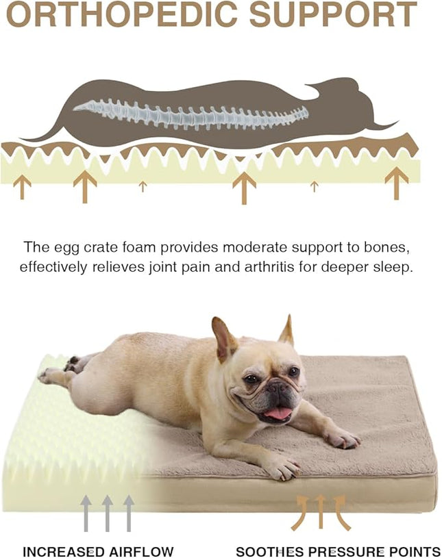 KSIIA Orthopedic Dog Bed Crate Waterproof Pet Mats for Small Dogs Deluxe Plush Washable Pet Bed with Egg Crate Foam & Removable Cover, 23 x 17 Inch, Khaki