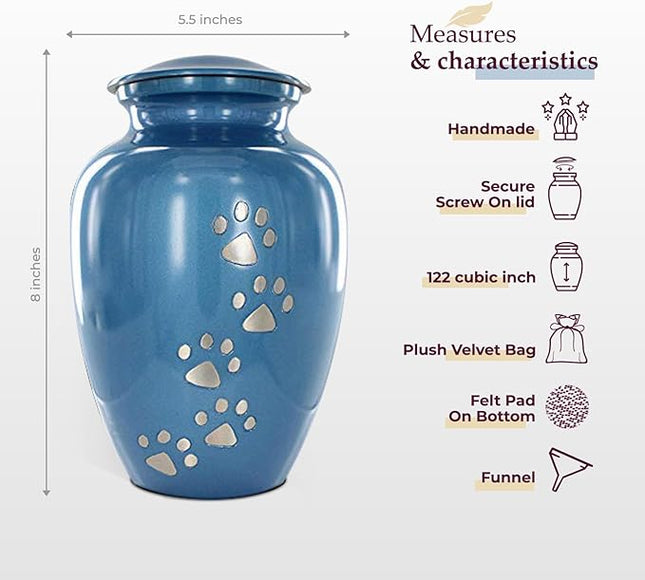 Trupoint Memorials Large Pet Urn for Dogs and Cats Ashes, Paws Print Blue Cremation Urns for Pets up to 122 lbs
