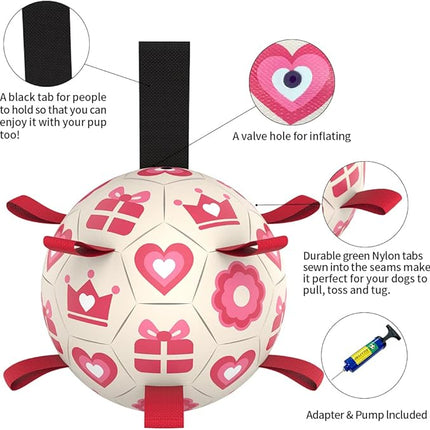 QDAN Valentines Gift Dog Toys, Pink Soccer Ball with Straps, Interactive Tug of War Toy, Puppy Birthday Gifts, Water Toy, Durable Dog Balls for Medium Large (8 Inch)