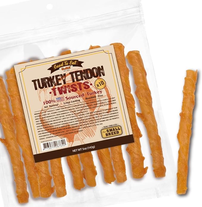 Gootoe Turkey Tendon Dog Treats, Twists (S) 5 oz, USA-Sourced Turkey Tendon, Natural Snack, Premium Puppy Chews, Hypoallergenic, Rawhide-Free, Reseal Value Bags, Sizes for Small Dogs