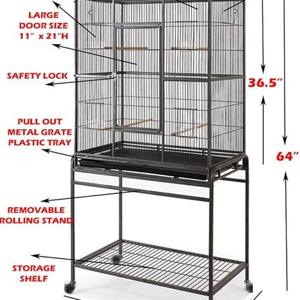 64" Extra Large Tight 1/2-Inch Bar Spacing Wrought Iron Flight Canary Parakeet Cockatiel Lovebird Finch Home Cage Side Nesting Box Doors with Removable Rolling Stand