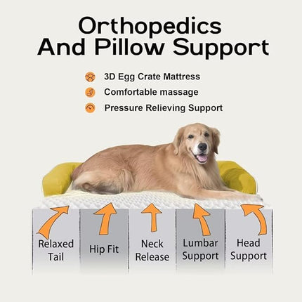 Large Dog Bed Orthopedic Washable - Couch Sofa - XL Large Big Dogs - Beds Bolster Pet - Memory Foam - Waterproof with Removable Cover - Ginger Yellow Dog Bed