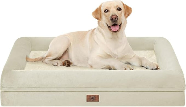 XL Dog Bed for Large Dogs, Orthopedic Dog Bed Egg Crate Foam with Removable Washable Cover, Waterproof Non-Slip Big Pet Sofa with 4-Sides Removable Bolster, Beige