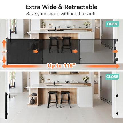 COMOMY 118" Retractable Baby Gates Extra Wide, Retractable Dog Gate for Large Openings, Extra Long Dog Gates for The House, Extra Large Mesh Pet Gate for Stairs, Doorways, Hallways, Indoor&Outdoor