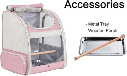 Bird Carrier Backpack with Wooden Stand Perch, Vented and Breathable Bag to Carry Parakeet Cockatiel Conure Parrot (Pink, Bird Backpack)