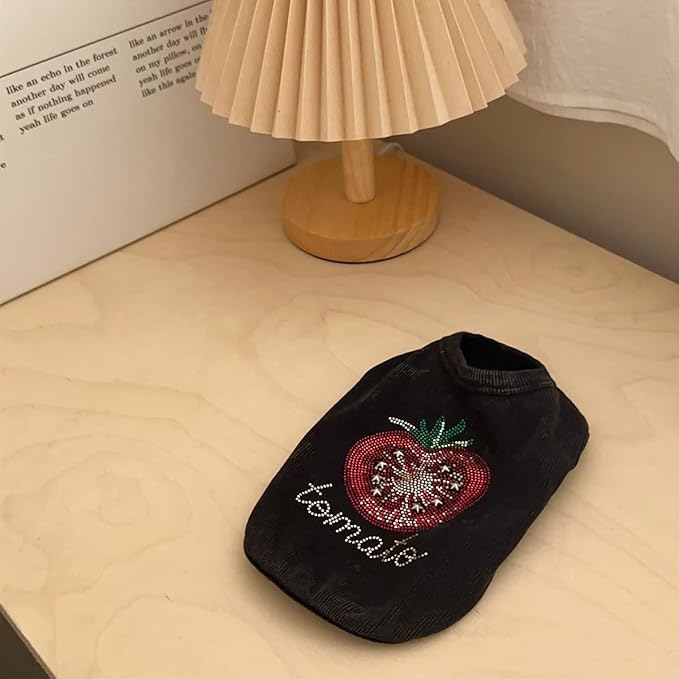Washed Cotton Pet Vest with Rhinestone Fruit Designs, Soft & Stylish Small Dog Cat Vest for Spring Summer, Breathable & Shiny (Black-Tomato, Large)