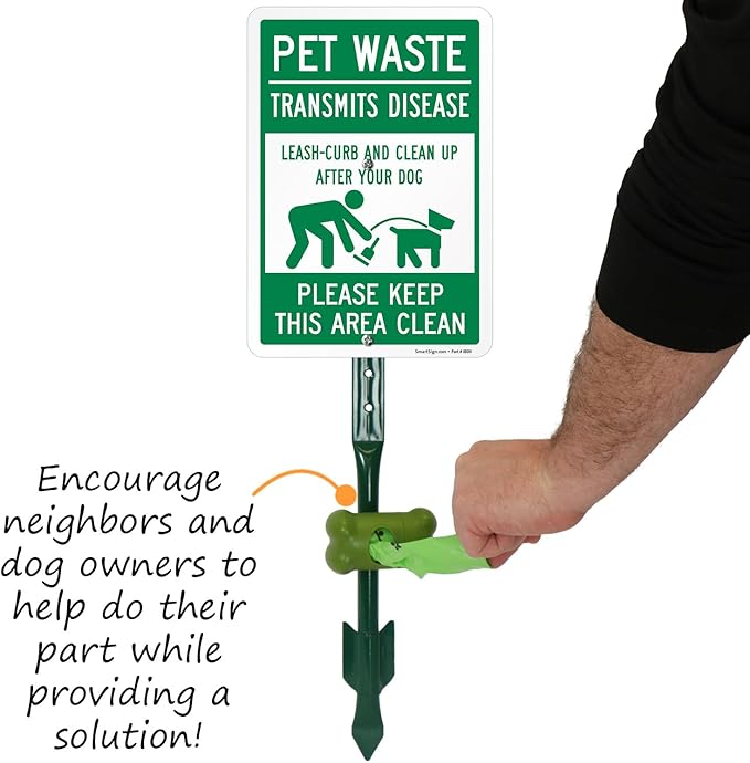 SmartSign Pet Waste Transmits Disease Leash/Curb/Clean Up Yard Sign & Clip-On Preloaded Dispenser Combo/Kit with 135 Dog Poop Waste Bags, 7"x10" Rust-proof Aluminum Sign with 18-inch Steel Stake