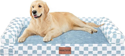 Large Dog Bed Orthopedic Washable: Beds Bolster XL Bed Medium Large Dogs Egg Crate Foam Couch Sofa Waterproof with Removable Cover - Blue Grid
