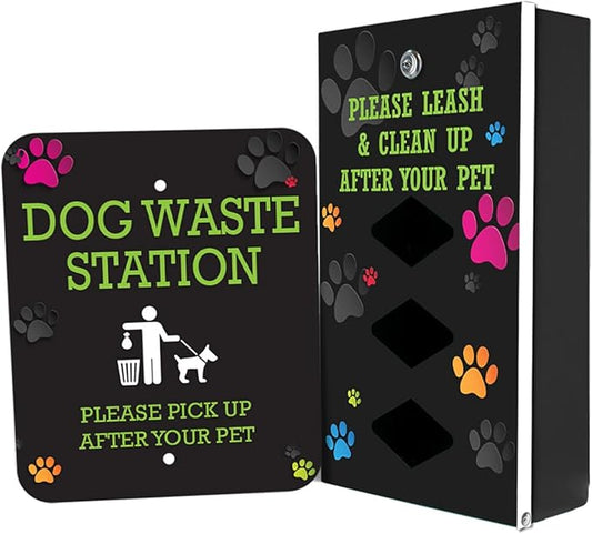 Dispense-Art™ Collection Colorful Paws - Custom UV Printed Design on Rust-Proof Aluminum Starter Dog Waste Station/roll Bag System - Includes 400 Dog Waste Bags & 10x12 Sign