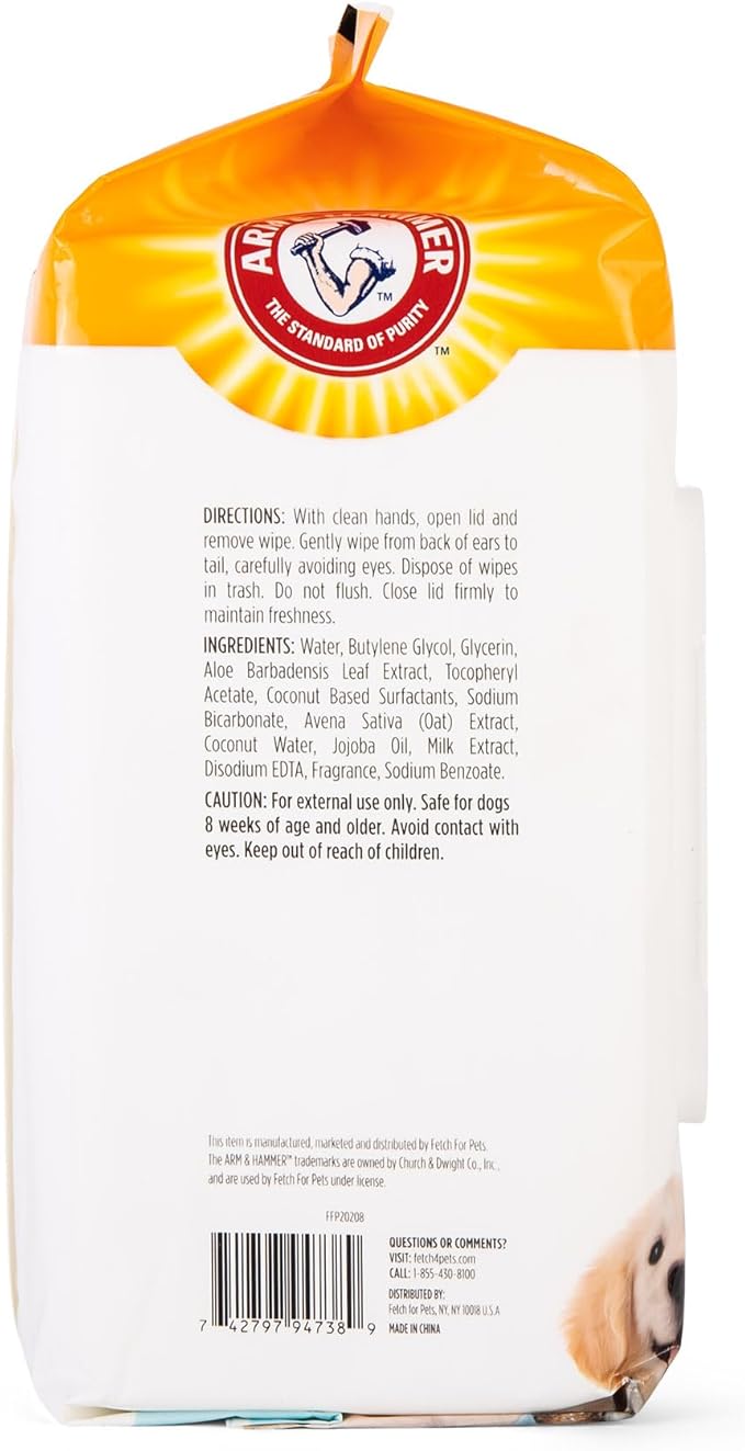 Arm & Hammer for Pets Gentle Puppy Bath Wipes, Coconut Water All Purpose Puppy Cleaning Wipes Remove Odor & Refresh Skin for Pets Gentle Tearless Pet Wipes 100 Count, (Pack of 3)