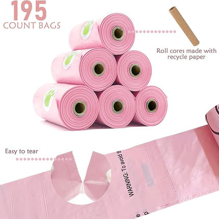 Dog Poop Pickup Bags Holder Dispenser with Standard-Sized Leak-Proof Scented Doggy Waste Bags and Carabiner with Safety Lock&Fastener Never Loose on Leash Lead Again (1 Holder 195 Bags, Pink)