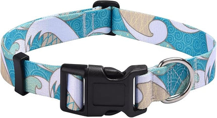 Dog Collar with Bohemia Floral Tribal Geometric Patterns - Soft Ethnic Style Collar Adjustable for Small Medium Large Dogs(Sea Wave,L)