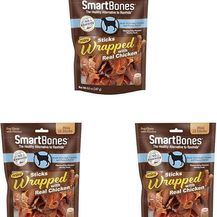 SmartBones Mini Chicken-Wrapped Sticks for Dogs with Real Peanut Butter, Rawhide-Free Dog Chew, 15 Count (Pack of 3)