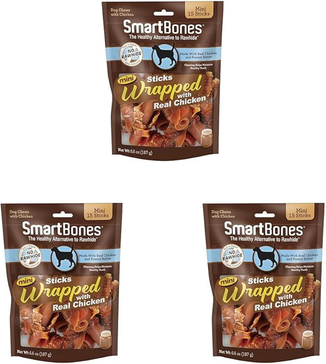 SmartBones Mini Chicken-Wrapped Sticks for Dogs with Real Peanut Butter, Rawhide-Free Dog Chew, 15 Count (Pack of 3)