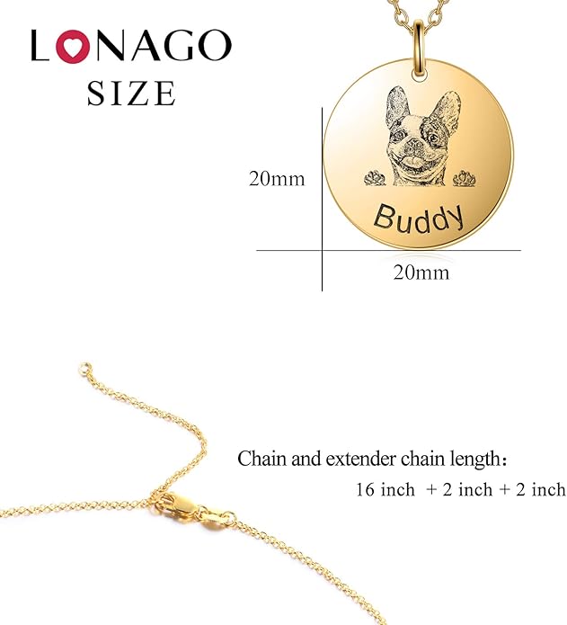 LONAGO 925 Sterling Silver Custom Dog Cat Portrait Photo Necklace Personalized Pet Engraved Picture Pendant Memorial Gift Name Jewelry for Women Mom