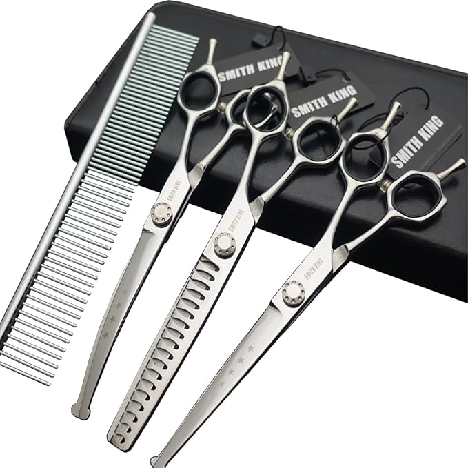 7 inches Safe Dog Grooming Scissors Set with Round Tip,Straight & Thinning & Curved Shears Set with comb for Dog & Cat Grooming (Black 3 in 1 with comb)