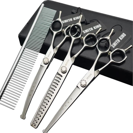 7 inches Safe Dog Grooming Scissors Set with Round Tip,Straight & Thinning & Curved Shears Set with comb for Dog & Cat Grooming (Black 3 in 1 with comb)